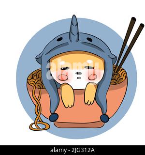 Shiba inu dog in a cute costume sits in a bowl of Chinese noodles and smiles Stock Vector