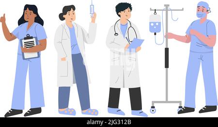 A group of rehabilitation doctors and workers in a hospital stand waiting for a patient Stock Vector