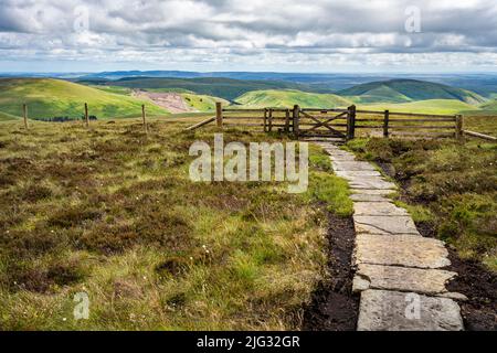 Footpath near Windy Gyle on the England-Scotland border, Cheviot Hills, Northumberland National Park Stock Photo