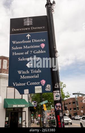 Salem, MA USA - June 12, 2022 - Tourist sign for Downtown District Stock Photo
