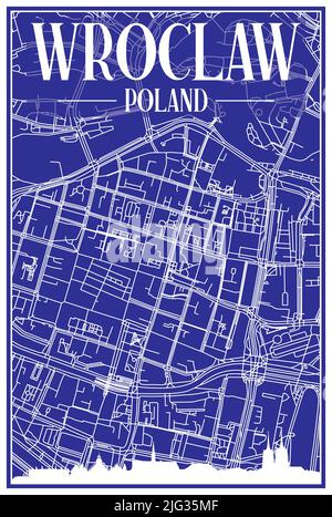 Technical drawing printout city poster with panoramic skyline and hand-drawn streets network on blue background of the downtown WROCLAW, POLAND Stock Vector