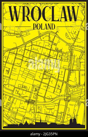 Golden printout city poster with panoramic skyline and hand-drawn streets network on yellow and black background of the downtown WROCLAW, POLAND Stock Vector