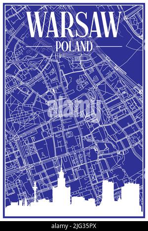 Technical drawing printout city poster with panoramic skyline and hand-drawn streets network on blue background of the downtown WROCLAW, POLAND Stock Vector
