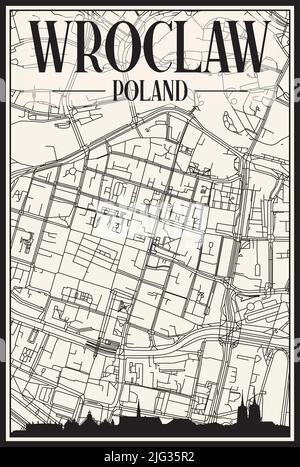 Light printout city poster with panoramic skyline and hand-drawn streets network on vintage beige background of the downtown WROCLAW, POLAND Stock Vector
