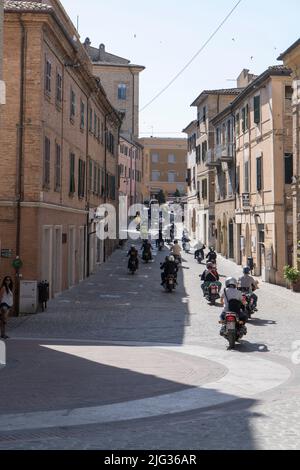 Via Cavour street, Old Town, Colle dell’Infinito Motorcycle Re-enactment, Recanati, Marche, Italy, Europe Stock Photo