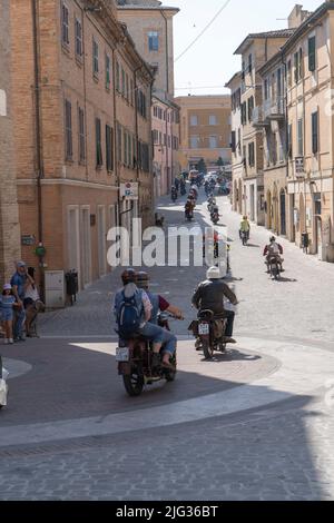 Via Cavour street, Old Town, Colle dell’Infinito Motorcycle Re-enactment, Recanati, Marche, Italy, Europe Stock Photo