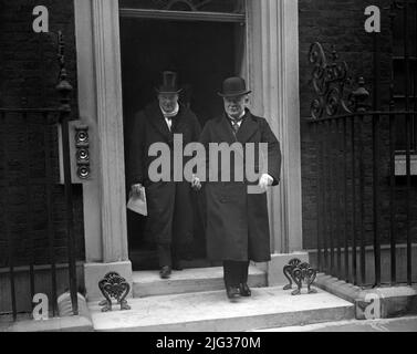 File photo dated 10/02/1922 of the then Prime Minister David Lloyd George and Winston Churchill leaving 10 Downing Street for the House of Common. Boris Johnson has now overtaken six prime ministers with the shortest time in office since 1900: Andrew Bonar Law (211 days in 1922-23), Alec Douglas-Home (364 days in 1963-64), Anthony Eden (644 days in 1955-57), Henry Campbell-Bannerman (852 days in 1905-08), Gordon Brown (1,049 days in 2007-10) and Neville Chamberlain (1,078 days in 1937-40). Issue date: Thursday July 7, 2022. Stock Photo