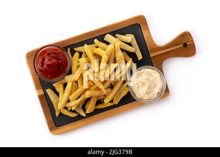 Fried potatoes with ketchup and Mayonnaise isolated on white background Stock Photo