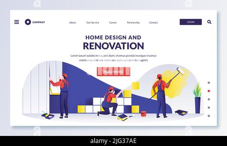 Workers does home design renovation works. Tiler laying tiles. Painter paints wall and glues wallpaper. Vector flat cartoon illustration. Home restora Stock Vector