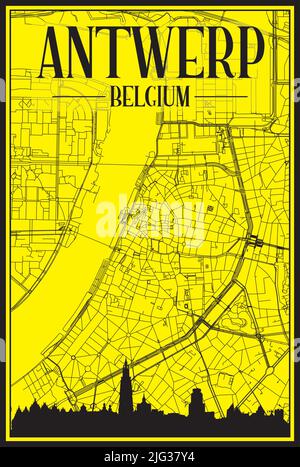 Golden printout city poster with panoramic skyline and hand-drawn streets network on yellow and black background of the downtown ANTWERP, BELGIUM Stock Vector