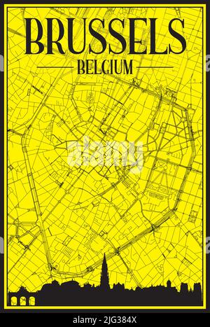 Golden printout city poster with panoramic skyline and hand-drawn streets network on yellow and black background of the downtown BRUSSELS, BELGIUM Stock Vector