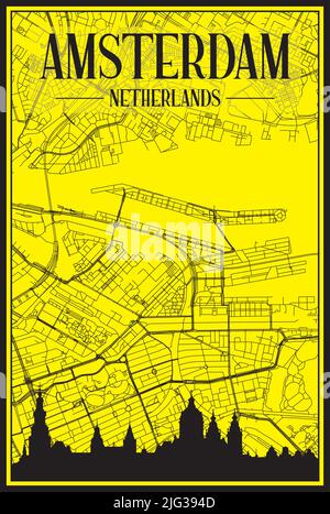 Golden printout city poster with panoramic skyline and hand-drawn streets network on yellow and black background of the downtown AMSTERDAM, NETHERLAND Stock Vector