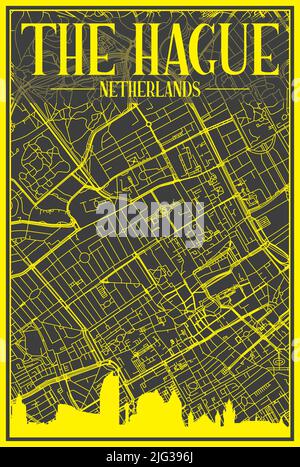 Yellow printout city poster with panoramic skyline and hand-drawn streets network on dark gray background of the downtown THE HAGUE, NETHERLANDS Stock Vector