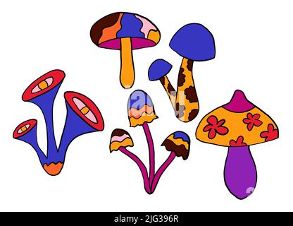 Hand drawn clipart illustration with hippie groovy mushrooms in orange purple blue red colors. Retro vintage 1960s 1970s style, trippy wild bright background with hallucination hypnotic elements Stock Photo