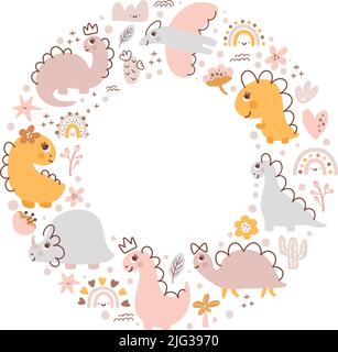 Summer vector round baby frame with dino girl and rainbow in colorful trend colors. Hand drawn naive illustrations in simple Scandinavian style Stock Vector