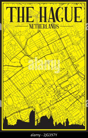 Golden printout city poster with panoramic skyline and hand-drawn streets network on yellow and black background of the downtown THE HAGUE, NETHERLANDS Stock Vector