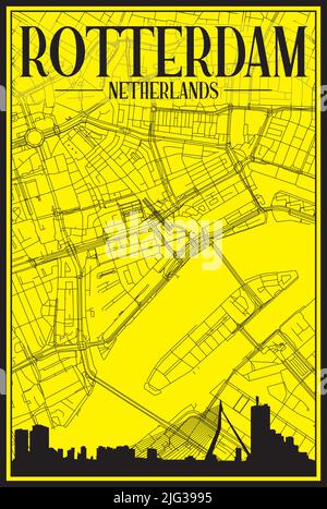 Golden printout city poster with panoramic skyline and hand-drawn streets network on yellow and black background of the downtown ROTTERDAM, NETHERLAND Stock Vector