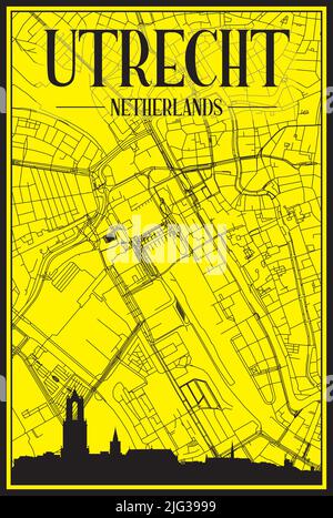Golden printout city poster with panoramic skyline and hand-drawn streets network on yellow and black background of the downtown UTRECHT, NETHERLANDS Stock Vector