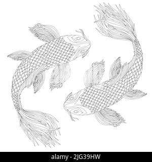 Two Japanese carps in the style of feng shui symbols. Pisces as a zodiac sign. Black illustration. Stock Vector