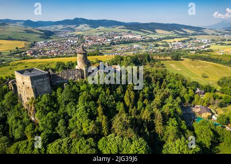 Stara Lubovna Castle in Slovakia, aerial drone view at summer. Stock Photo
