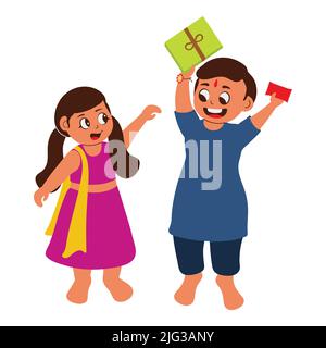 Cheerful Girl Trying To Snatch Gift Box With Envelope From Boy On White Background. Stock Vector