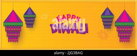 Happy Diwali Celebration Banner Or Header Design With Hanging Traditional Lanterns (Kandeel) On Chrome Yellow Background. Stock Vector