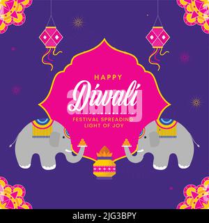 Happy Diwali Greeting Card With Elephant Animals, Traditional Pot (Kalash), Lantern (Kandeel) Hang On Pink And Purple Background. Stock Vector