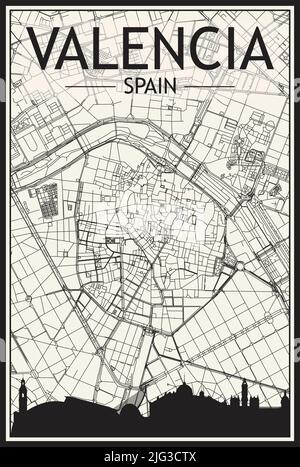Light printout city poster with panoramic skyline and hand-drawn streets network on vintage beige background of the downtown VALENCIA, SPAIN Stock Vector