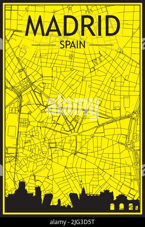 Golden printout city poster with panoramic skyline and hand-drawn streets network on yellow and black background of the downtown MADRID, SPAIN Stock Vector