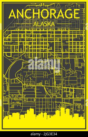 Yellow printout city poster with panoramic skyline and hand-drawn streets network on dark gray background of the downtown ANCHORAGE, ALASKA Stock Vector