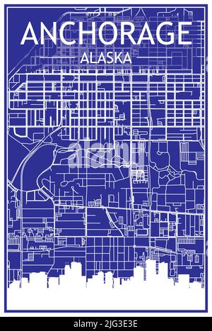 Technical drawing printout city poster with panoramic skyline and hand-drawn streets network on blue background of the downtown ANCHORAGE, ALASKA Stock Vector