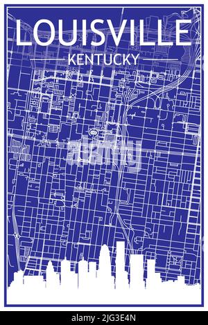 Technical drawing printout city poster with panoramic skyline and hand-drawn streets network on blue background of the downtown LOUISVILLE, KENTUCKY Stock Vector