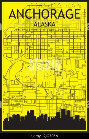 Golden printout city poster with panoramic skyline and hand-drawn streets network on yellow and black background of the downtown ANCHORAGE, ALASKA Stock Vector