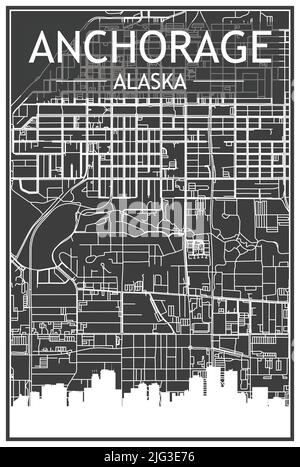 Dark printout city poster with panoramic skyline and hand-drawn streets network on dark gray background of the downtown ANCHORAGE, ALASKA Stock Vector