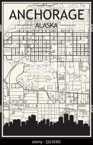 Light printout city poster with panoramic skyline and hand-drawn streets network on vintage beige background of the downtown ANCHORAGE, ALASKA Stock Vector