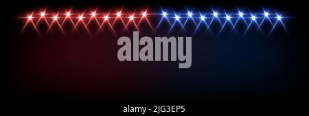 Red and blue lights from projectors on black background. Spotlight with beams effect on stage vector illustration. Abstract bright disco light at part Stock Vector