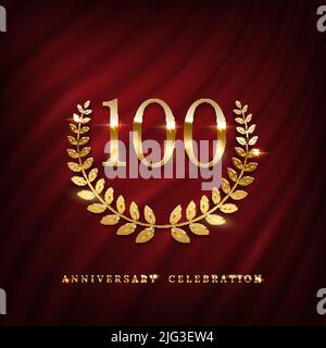 Anniversary celebration logo with golden number one hundred. Birthday, jubilee or wedding with laurel sign vector illustration. Invitation to 100 year Stock Vector