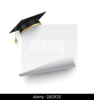 Graduate cap on blank banner with curled edge. Academy degree graduation hat with white board or sticker vector illustration. Academic education and a Stock Vector