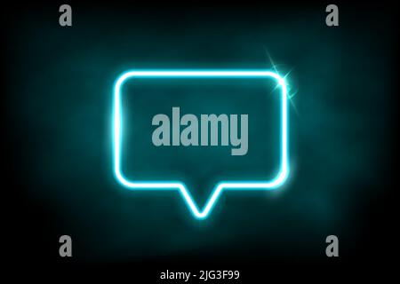 Glowing azure neon speech bubble sign. Electric light rectangle frame isolated on dark background with fog. Vector design element Stock Vector