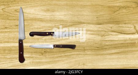 Topview of Set Cooking Knives on Table Background Stock Photo