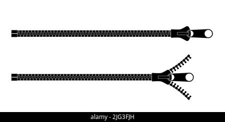Clothing fastener horizontal vector icons. Close up open and closed zippers for jacket and shirt clipart. Detailed black sewing accessories. Isolated Stock Vector