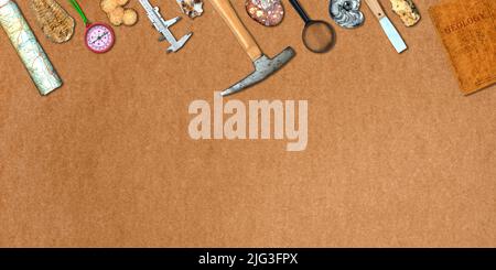 Topview of Set Fieldwork Geology Tools on Brown Background Stock Photo