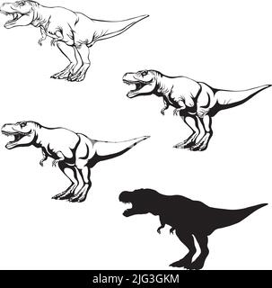 Tyrannosaurus Rex , dinosaur realistic image, vector, positions, illustration, black and white, silhouette, logo, trademark, chevron for decoration Stock Vector
