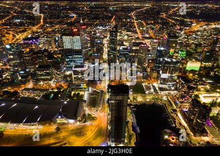 Aerial long exposure of Perth city at night including the freeway traffic Stock Photo