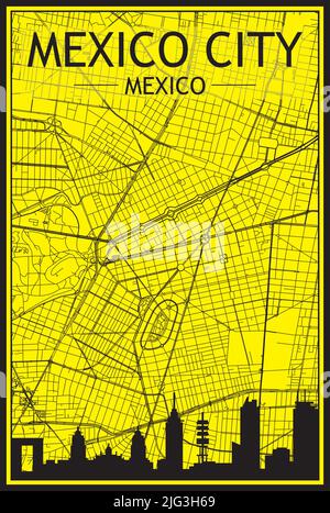 Golden printout city poster with panoramic skyline and hand-drawn streets network on yellow and black background of the downtown MEXICO CITY, MEXICO Stock Vector