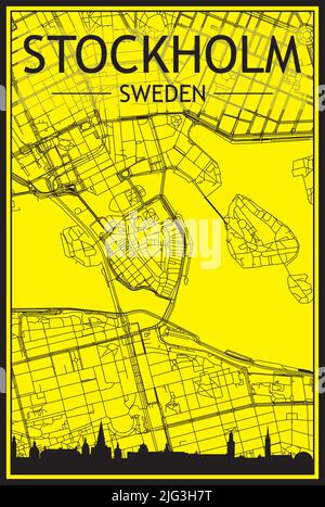 Golden printout city poster with panoramic skyline and hand-drawn streets network on yellow and black background of the downtown STOCKHOLM, SWEDEN Stock Vector