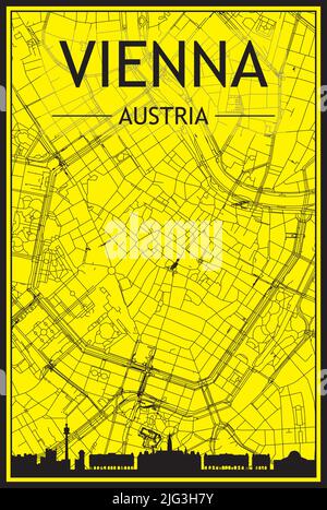 Golden printout city poster with panoramic skyline and hand-drawn streets network on yellow and black background of the downtown VIENNA, AUSTRIA Stock Vector