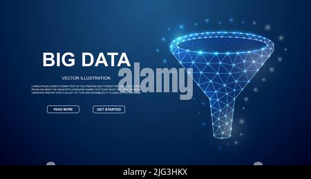 Funnel 3d low poly symbol with connected dots for blue landing page template. Data filter design illustration concept. Polygonal Big data illustration Stock Vector