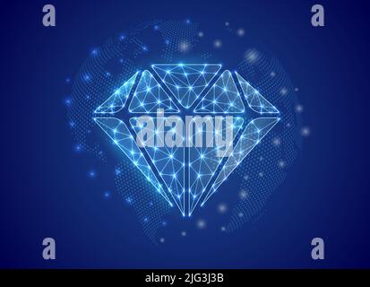 Diamond 3d low poly symbol with blue world map background. Brilliant concept design vector illustration. Jewelry polygonal symbol with connected dots Stock Vector