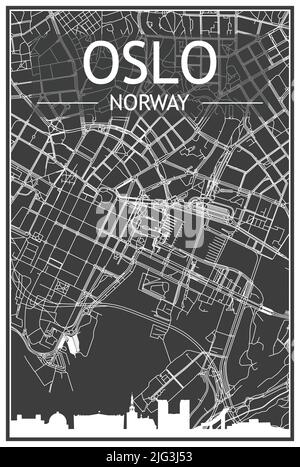 Dark printout city poster with panoramic skyline and hand-drawn streets network on dark gray background of the downtown OSLO, NORWAY Stock Vector
